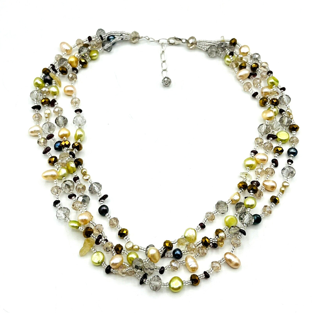Sparkly Crystal Pearl and Quartz Rock Multi-Strand Beaded Necklace 925 Clasp 18"